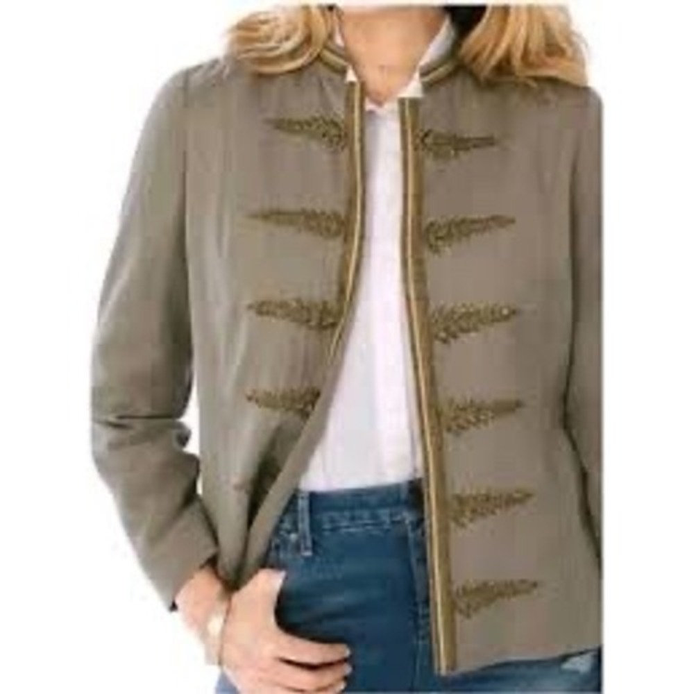 Chico's Embellished Jacket Tan Military Beaded Open Front Women's 2 Large NWT